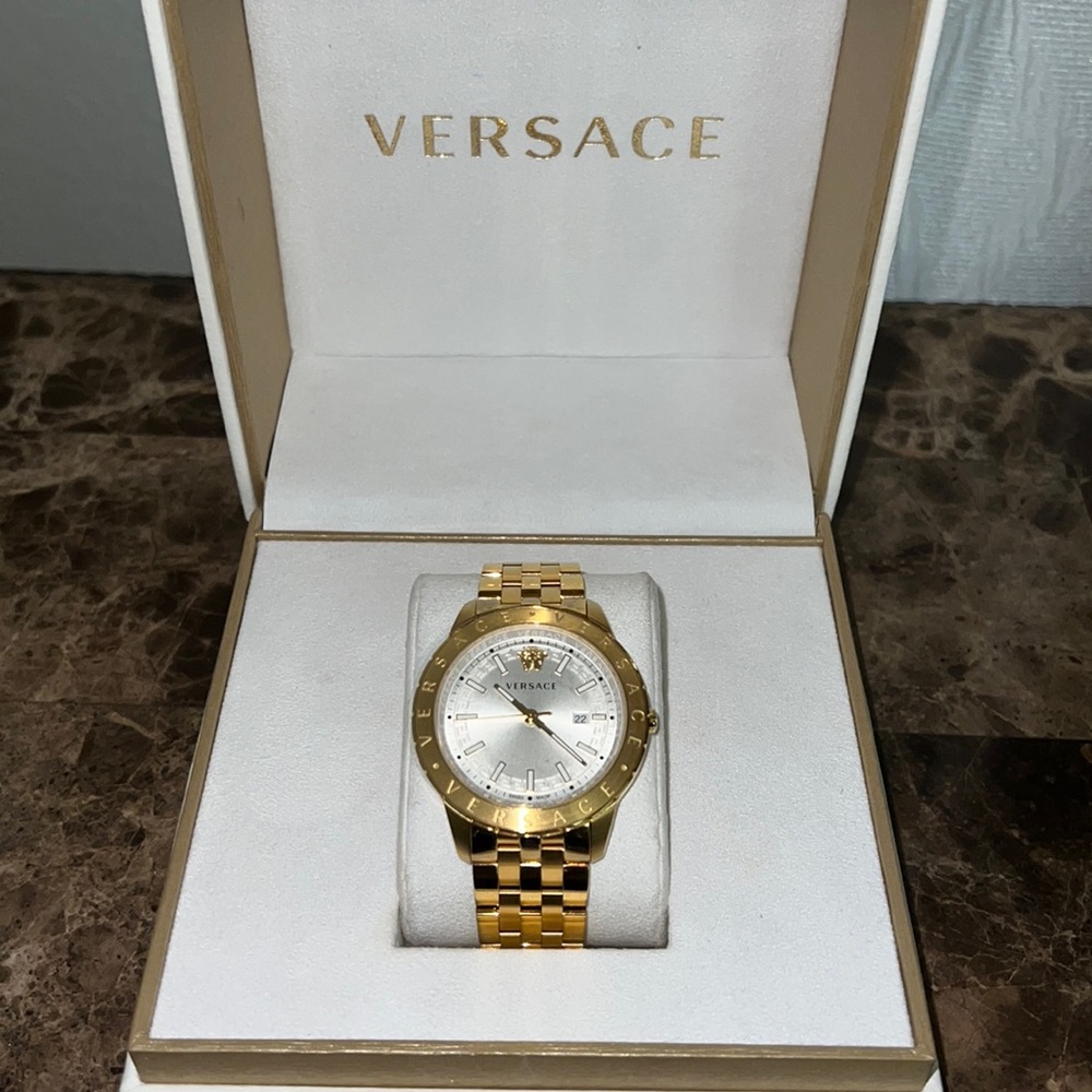 Mens Gold Tone Versace Watch Swiss Made Gem